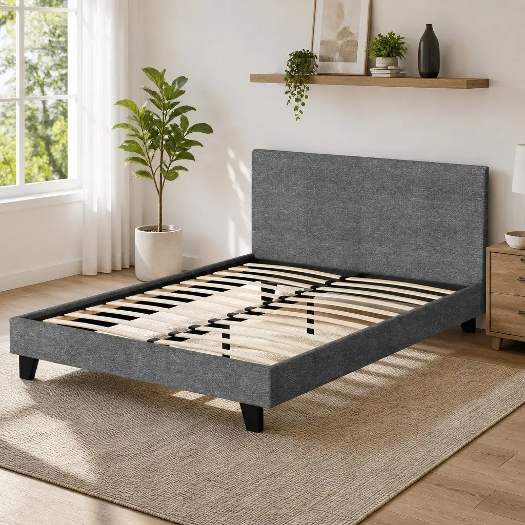 Grey Upholstered Double Bed Frame with Headboard