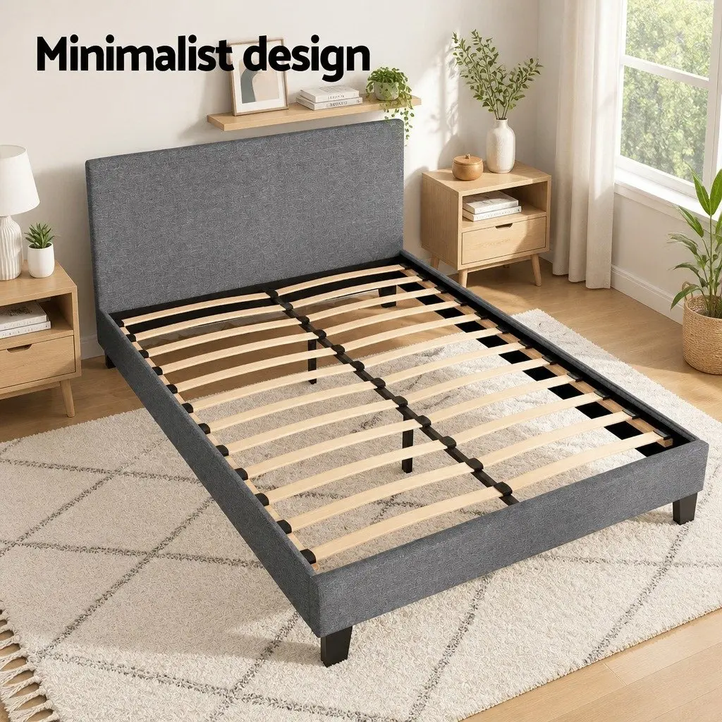 Grey Upholstered Double Bed Frame with Headboard