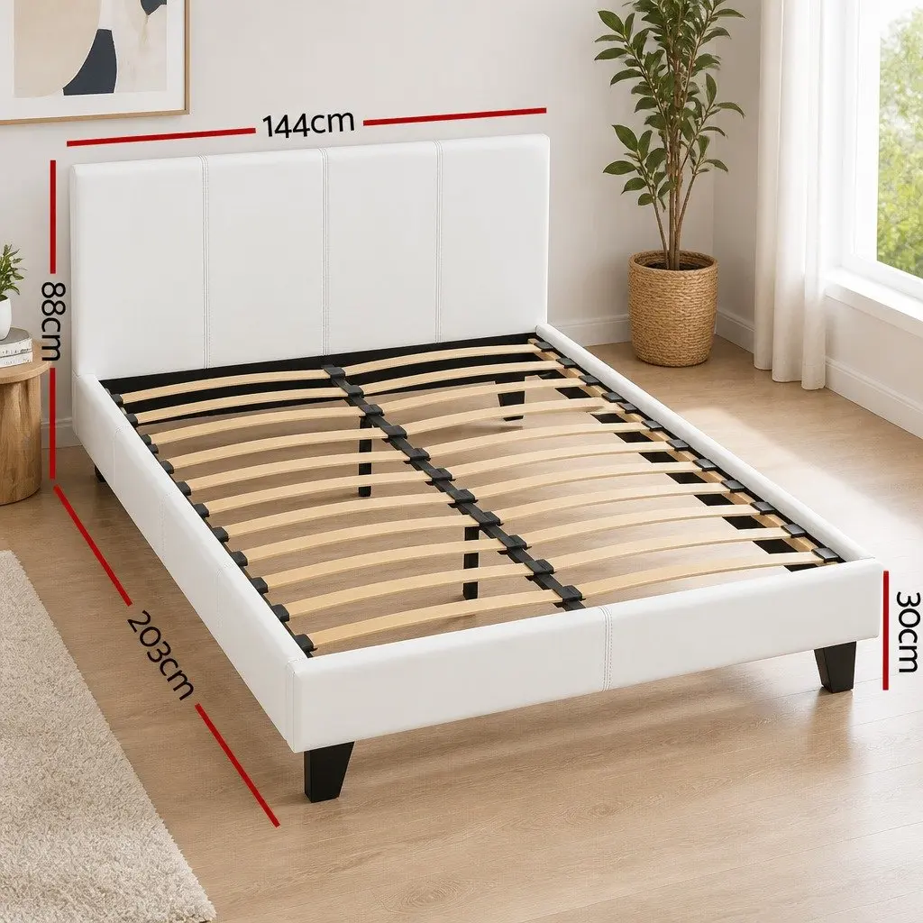 Double Bed Frame White Upholstered Padded Wooden Slat Base Heavy Duty