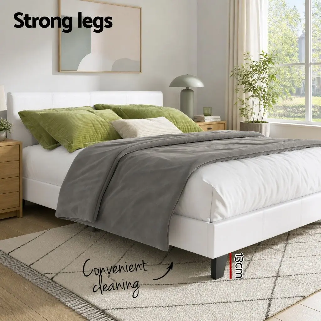 Double Bed Frame White Upholstered Padded Wooden Slat Base Heavy Duty