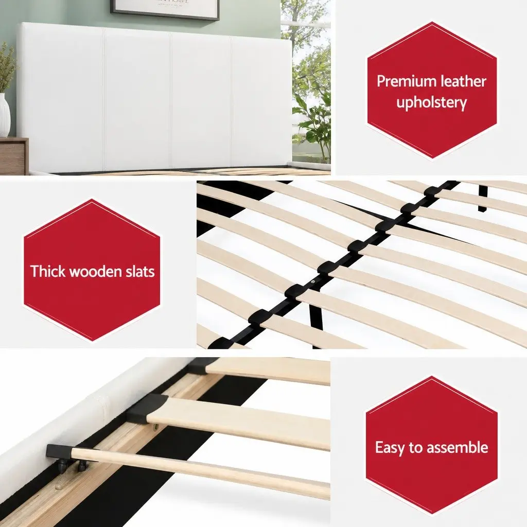 Double Bed Frame White Upholstered Padded Wooden Slat Base Heavy Duty