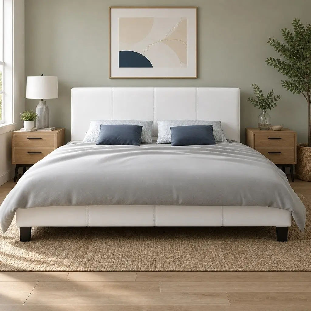 Double Bed Frame White Upholstered Padded Wooden Slat Base Heavy Duty