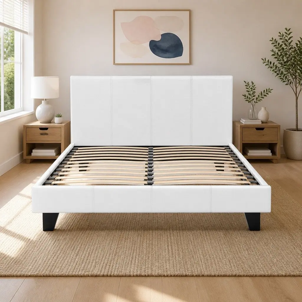 Double Bed Frame White Upholstered Padded Wooden Slat Base Heavy Duty