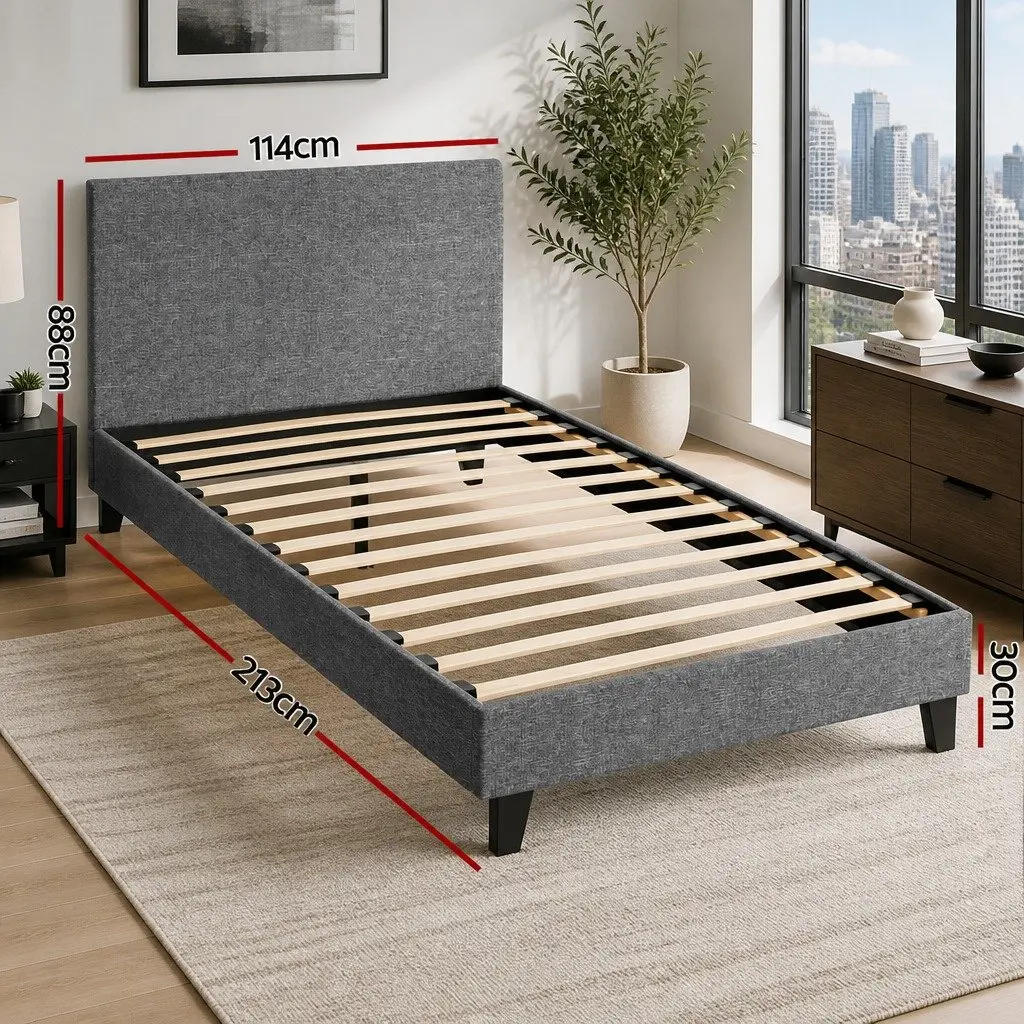 King Single Bed Frame Grey Upholstered Wooden Slat Base