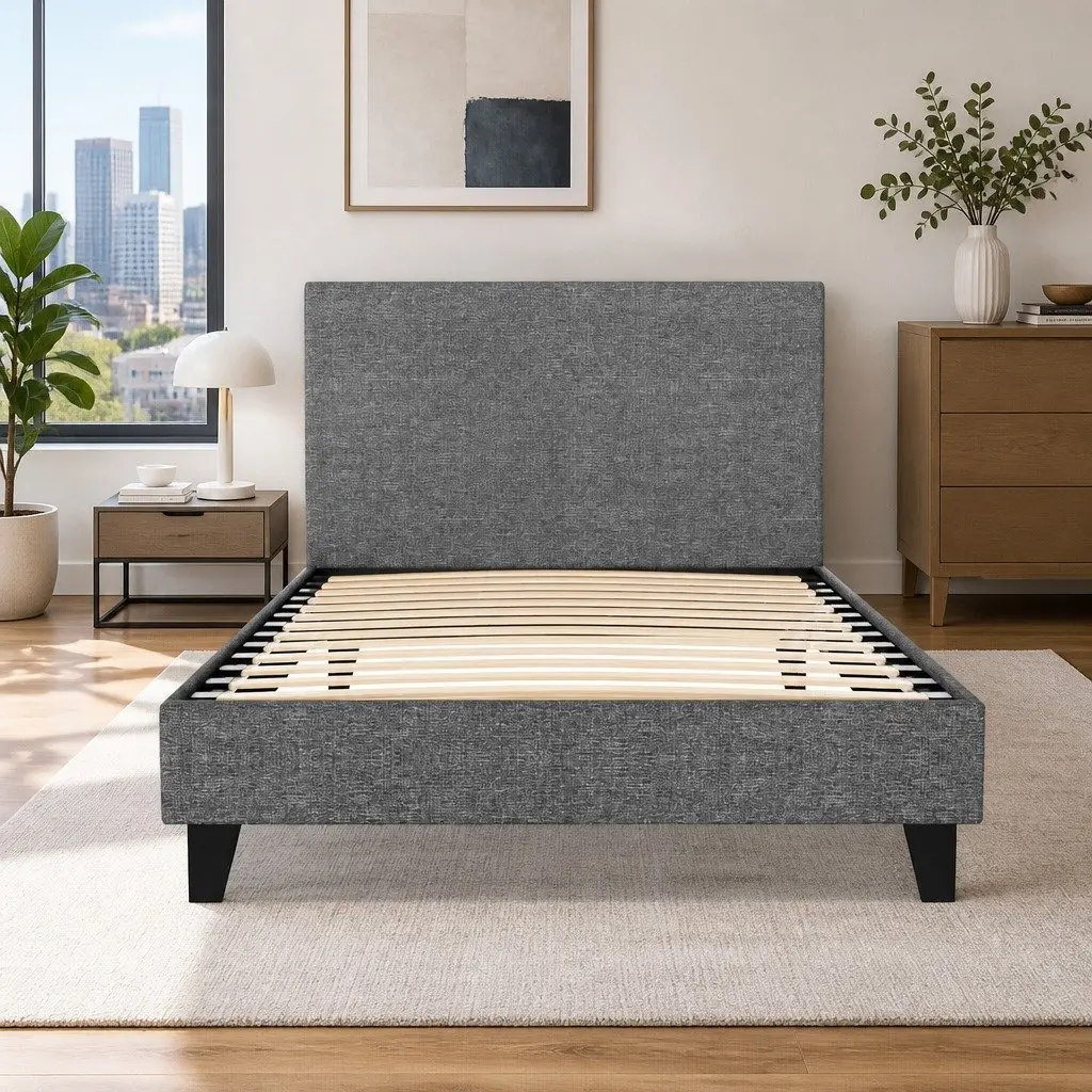King Single Bed Frame Grey Upholstered Wooden Slat Base