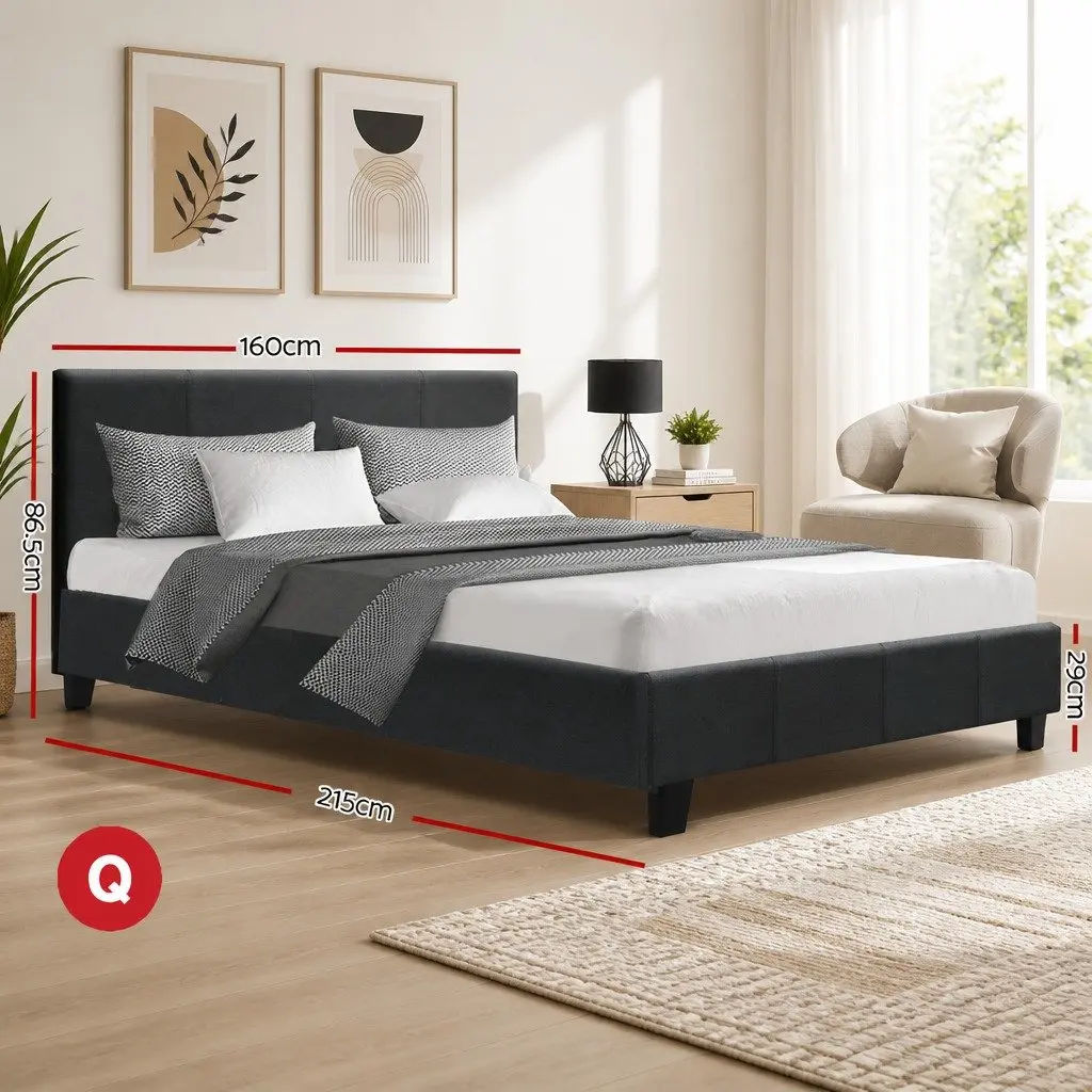 Queen Bed Frame Charcoal Upholstered Padded Wooden Slat Base Modern Bedroom