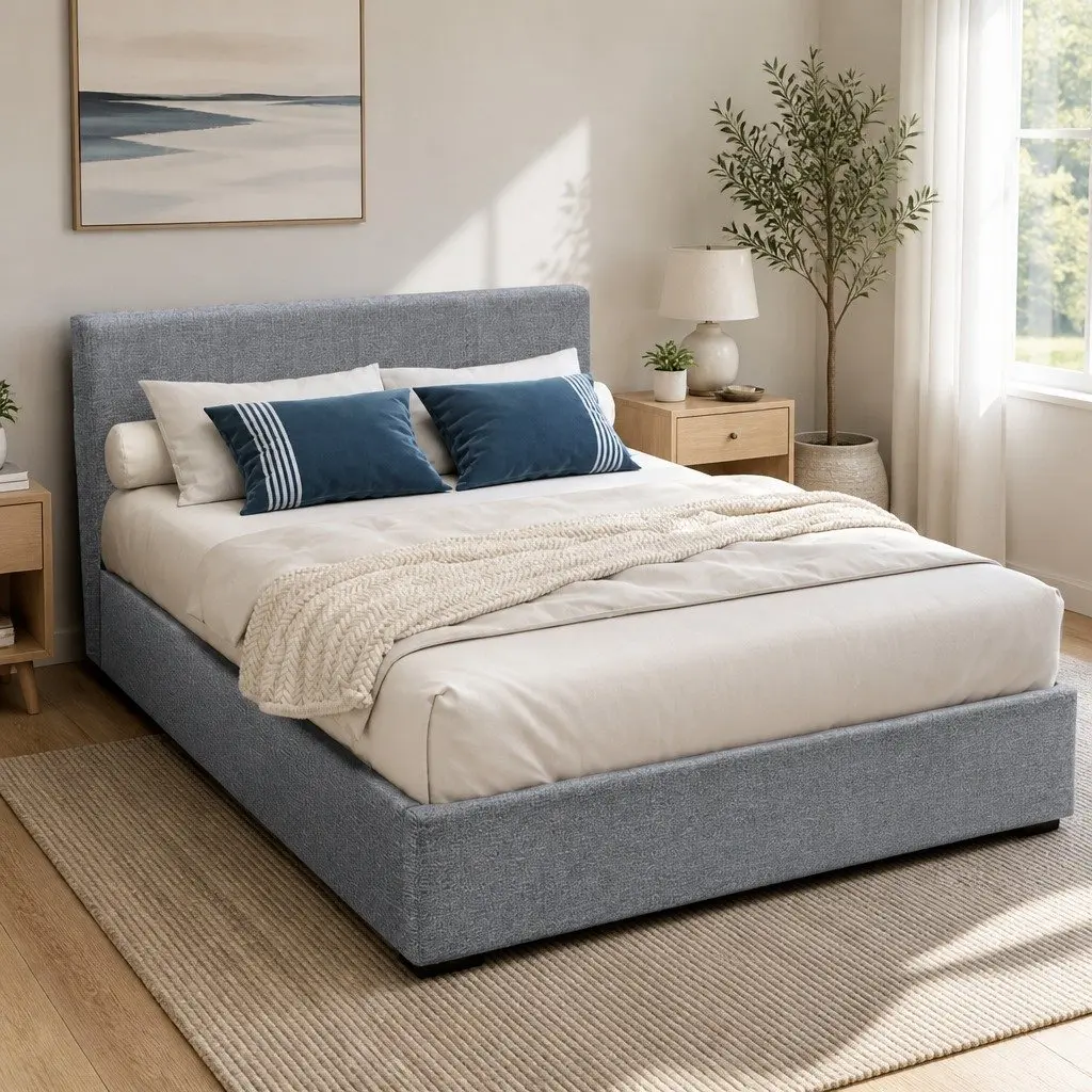 Double Bed Frame Gas Lift Storage Grey Upholstered Faux Linen Bedroom Furniture