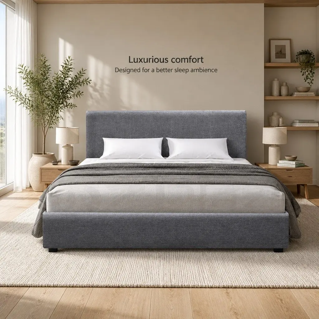 Double Bed Frame Gas Lift Storage Grey Upholstered Faux Linen Bedroom Furniture