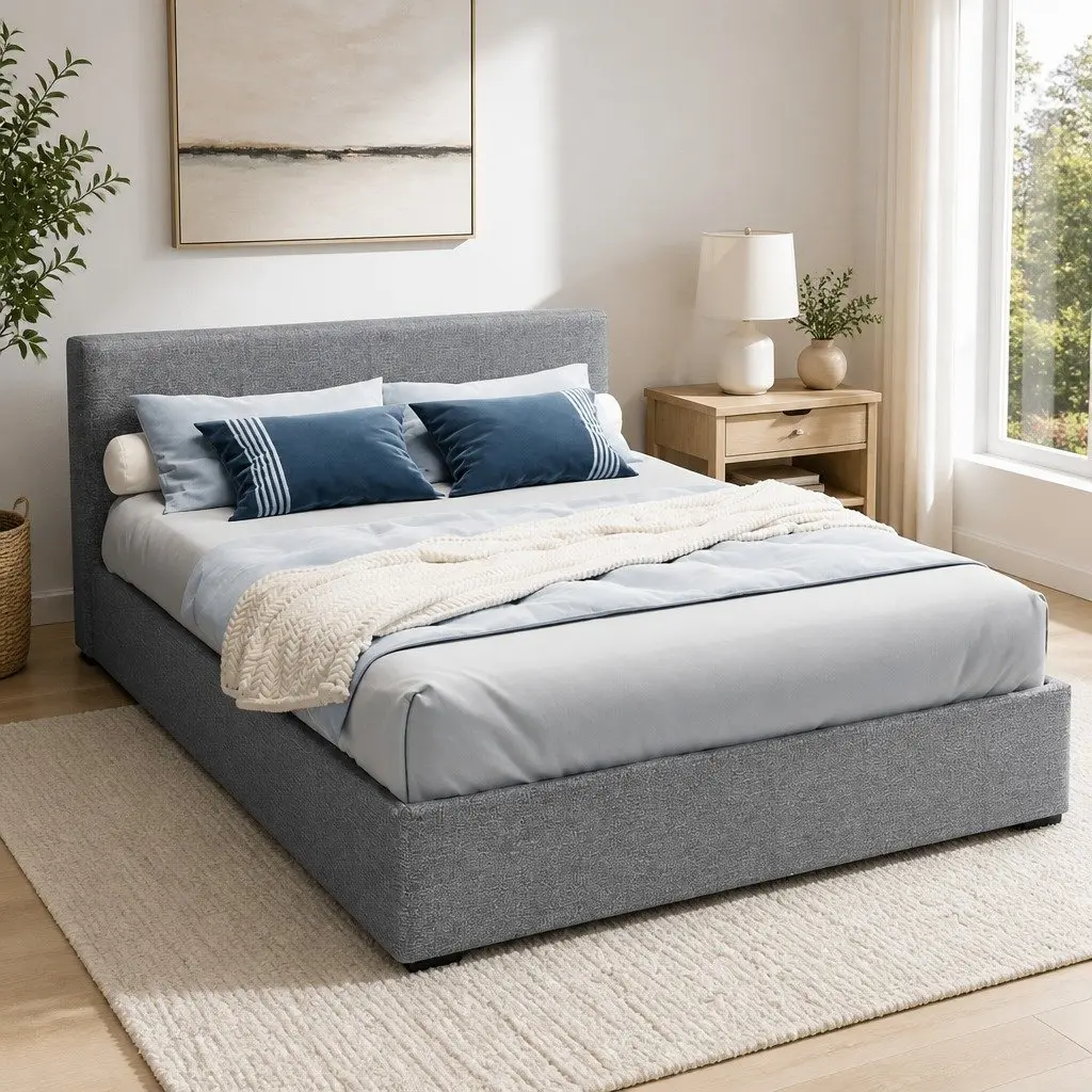 Grey Queen Gas Lift Bed Frame with Storage Solutions
