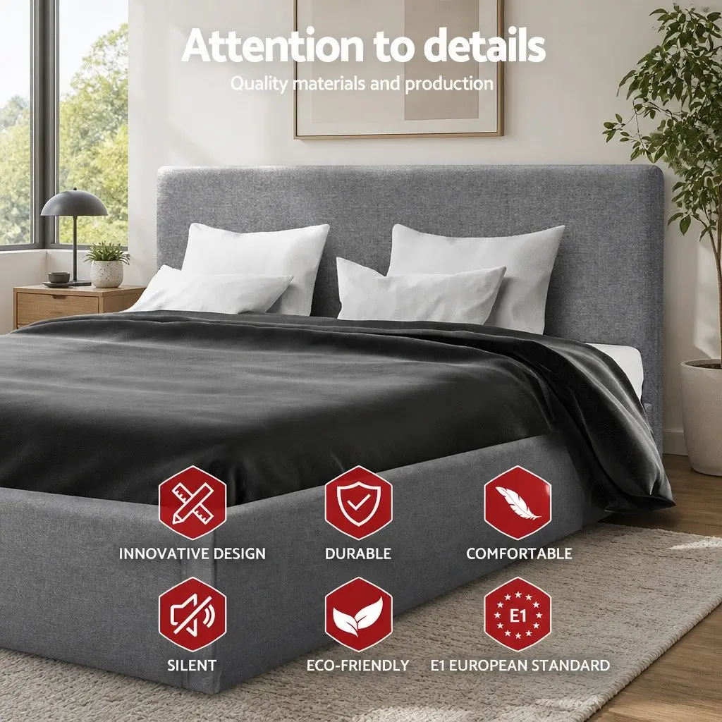 Grey Queen Gas Lift Bed Frame with Storage Solutions