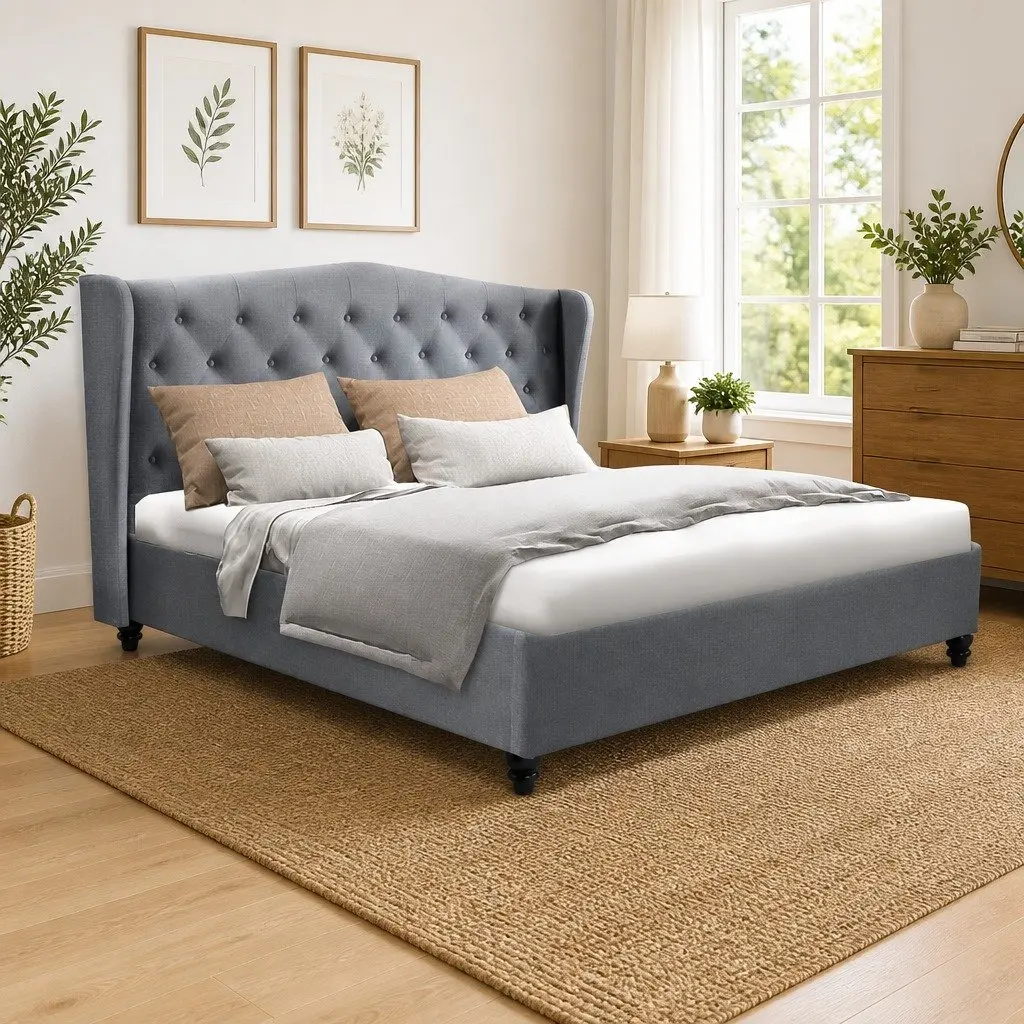 Grey Bed Frame with Headboard for Comfort