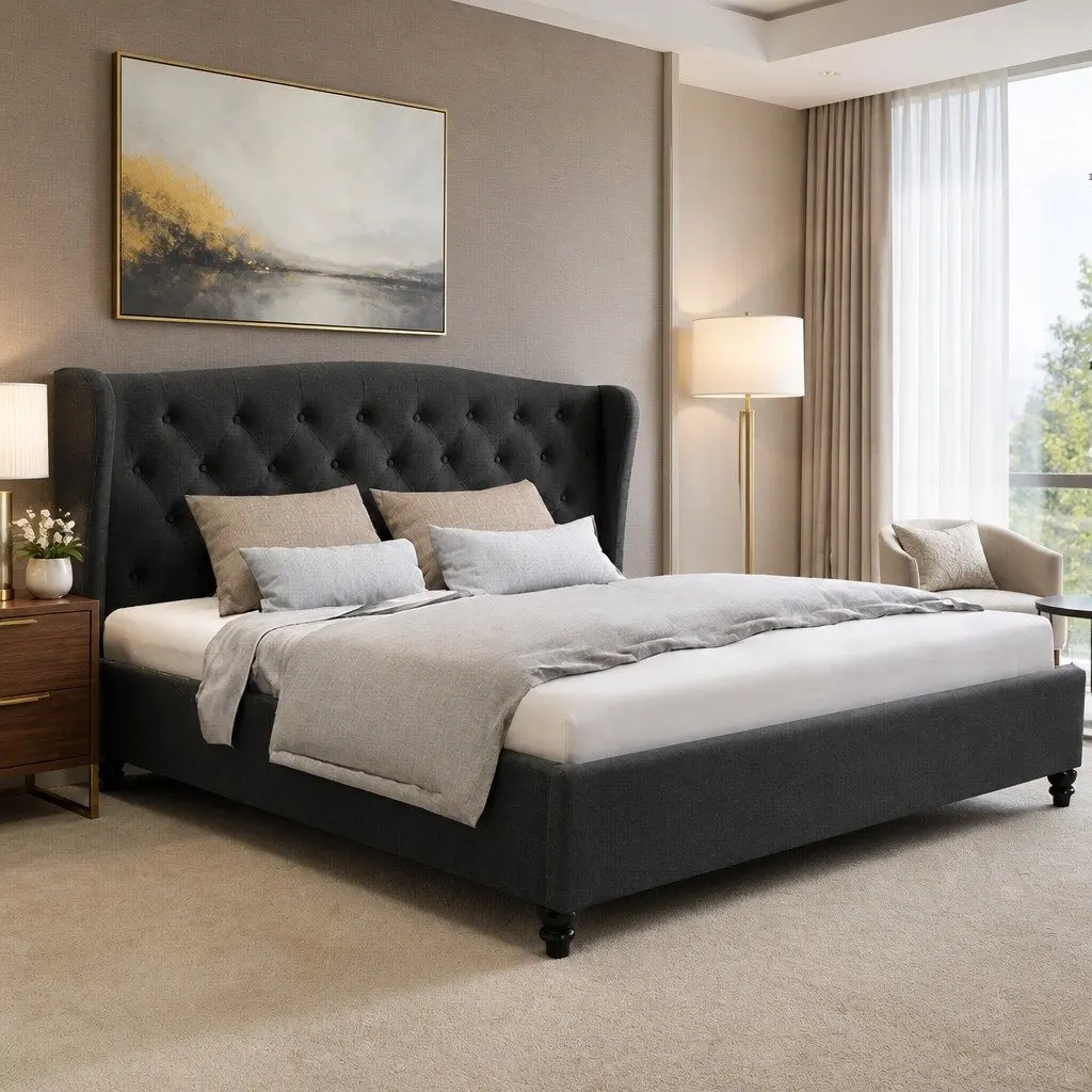 King Size Bed Frame Charcoal Upholstered Wing Headboard Sturdy Steel