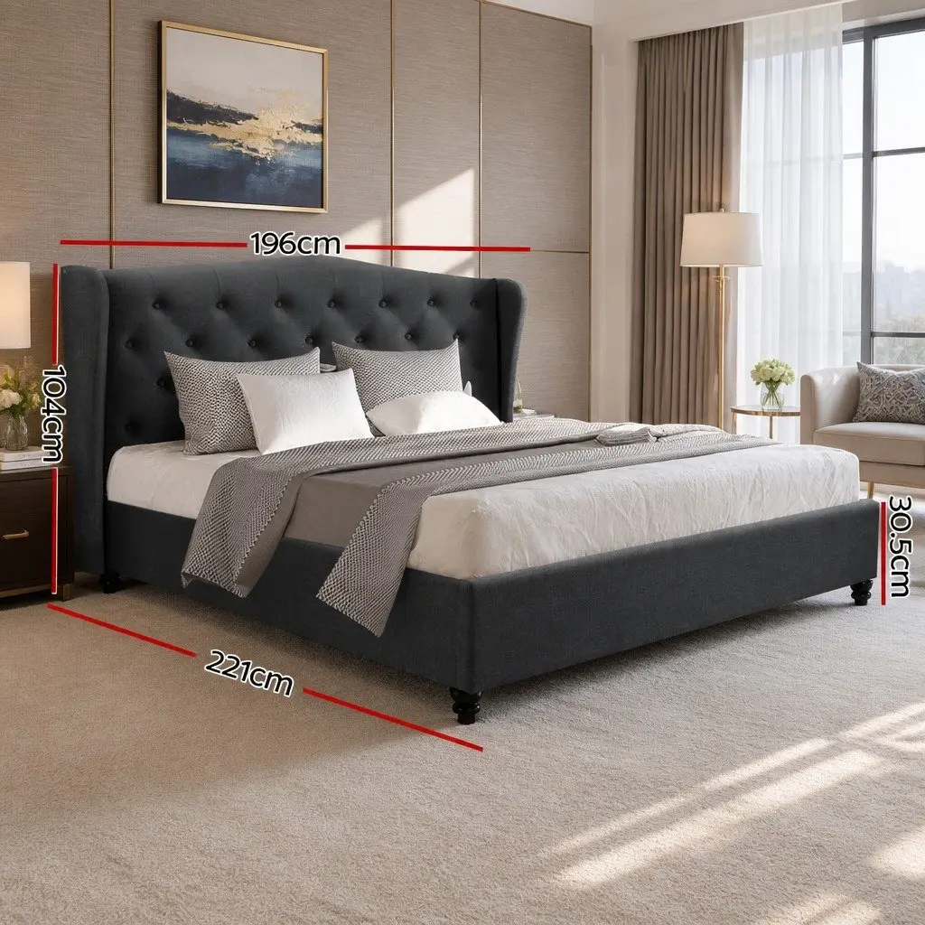 King Size Bed Frame Charcoal Upholstered Wing Headboard Sturdy Steel