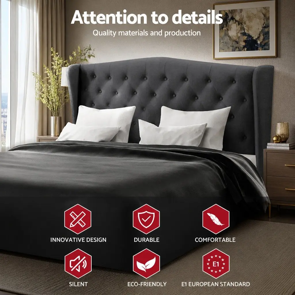 King Size Bed Frame Charcoal Upholstered Wing Headboard Sturdy Steel