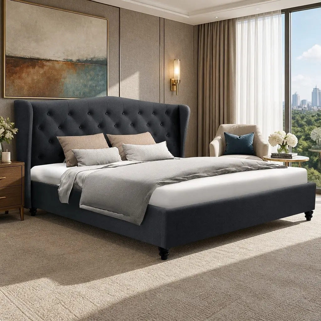 King Size Bed Frame Charcoal Upholstered Wing Headboard Sturdy Steel