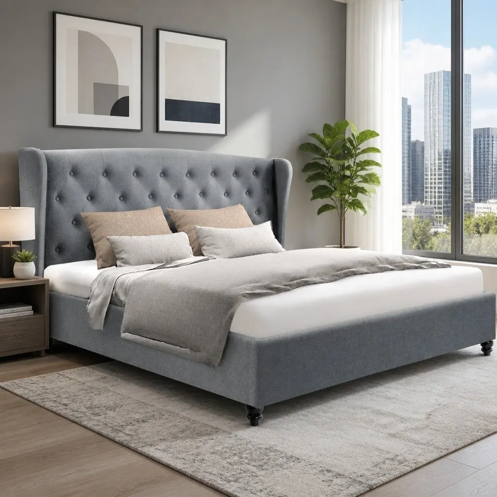 King Size Bed Frame Grey Upholstered Headboard Steel Frame Wooden Slat Base