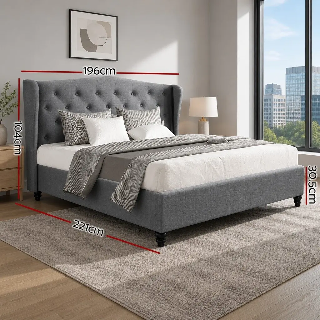 King Size Bed Frame Grey Upholstered Headboard Steel Frame Wooden Slat Base