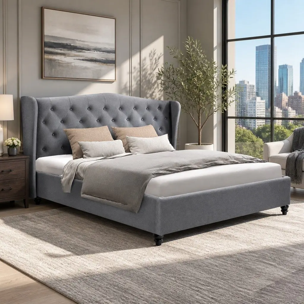 King Size Bed Frame Grey Upholstered Headboard Steel Frame Wooden Slat Base
