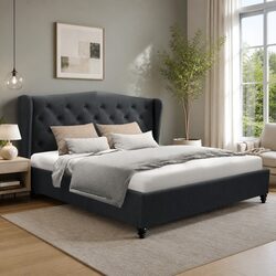 Queen Size Bed Frame Charcoal Upholstered Wing Headboard Steel Frame Wooden Slat