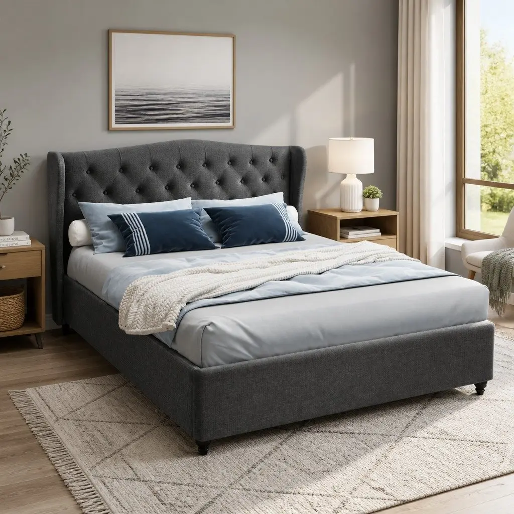 Charcoal Wing Headboard Queen Bed Frame Upholstered Steel Frame Wooden Slats