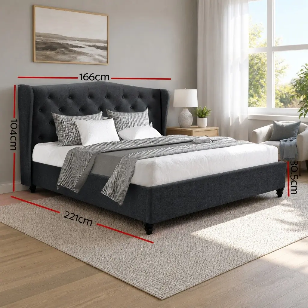 Charcoal Wing Headboard Queen Bed Frame Upholstered Steel Frame Wooden Slats