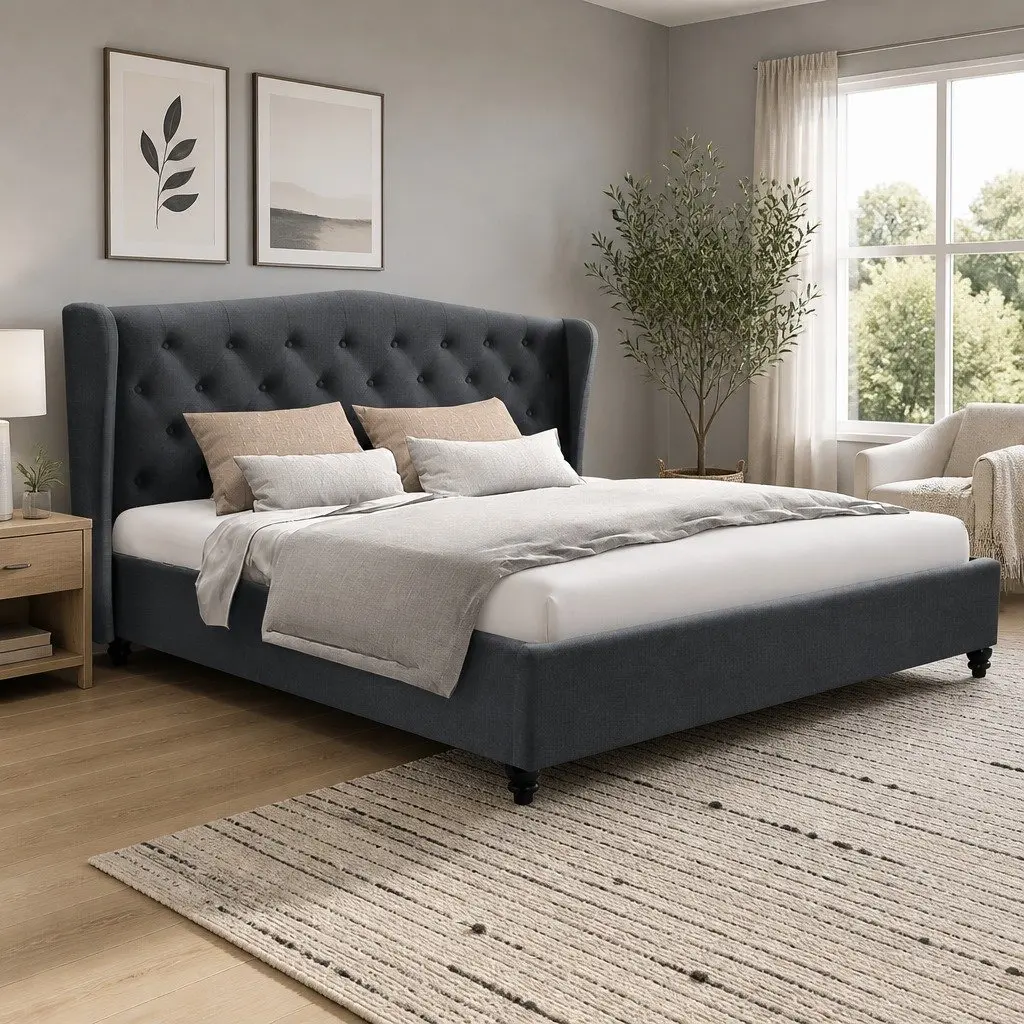 Charcoal Wing Headboard Queen Bed Frame Upholstered Steel Frame Wooden Slats
