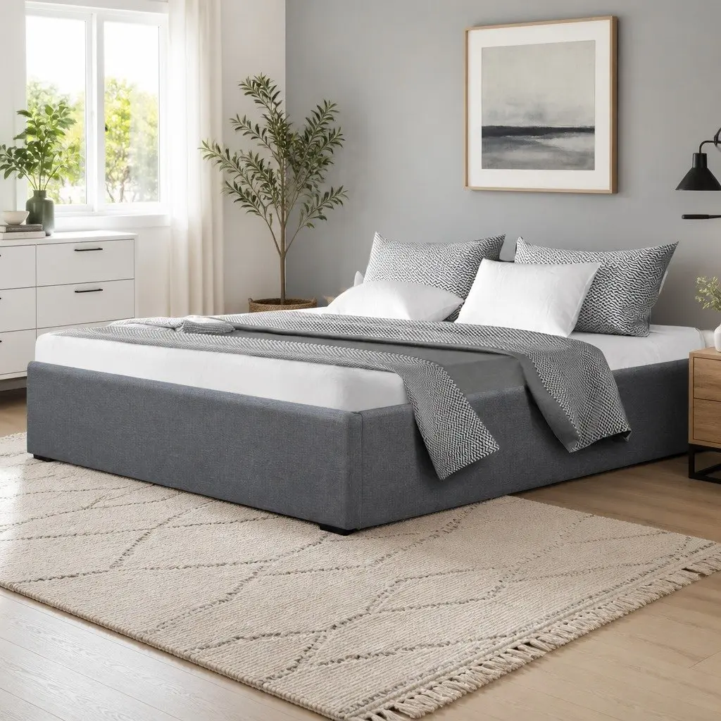Queen Size Grey Bed Frame with Gas Lift Storage Wooden Slat Base for Bedroom