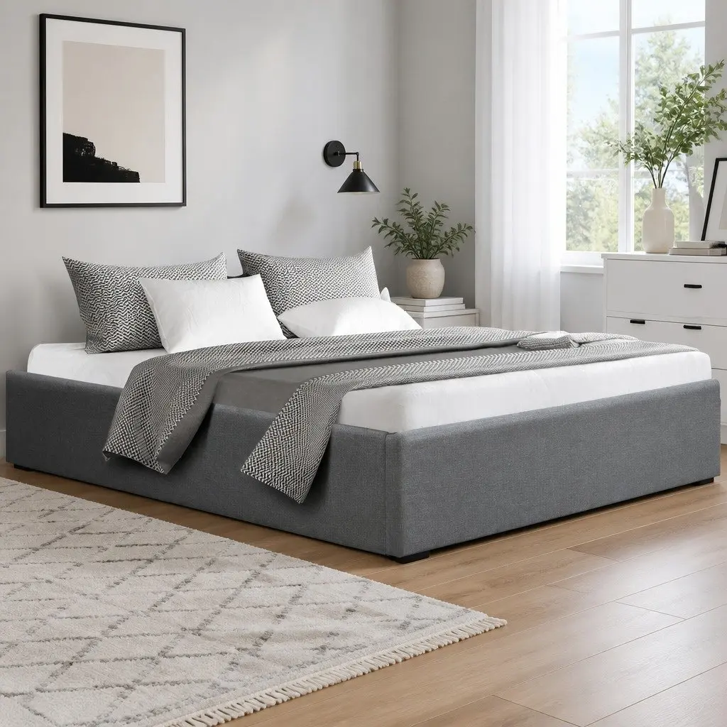 Queen Size Grey Bed Frame with Gas Lift Storage Wooden Slat Base for Bedroom