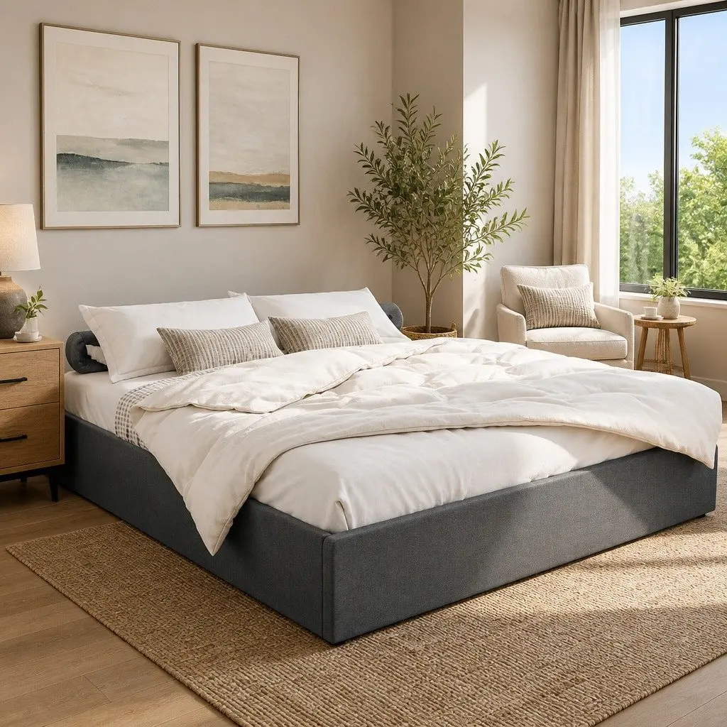 Gas Lift Storage Bed Frame King Size Upholstered Grey