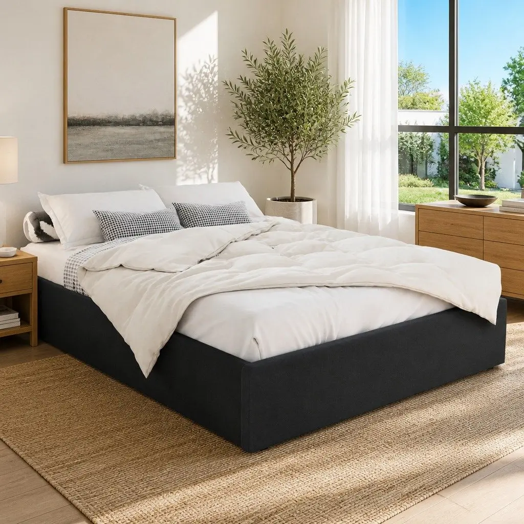 Gas Lift Bed Frame Queen Size Storage Base Wooden Slats Charcoal Upholstered