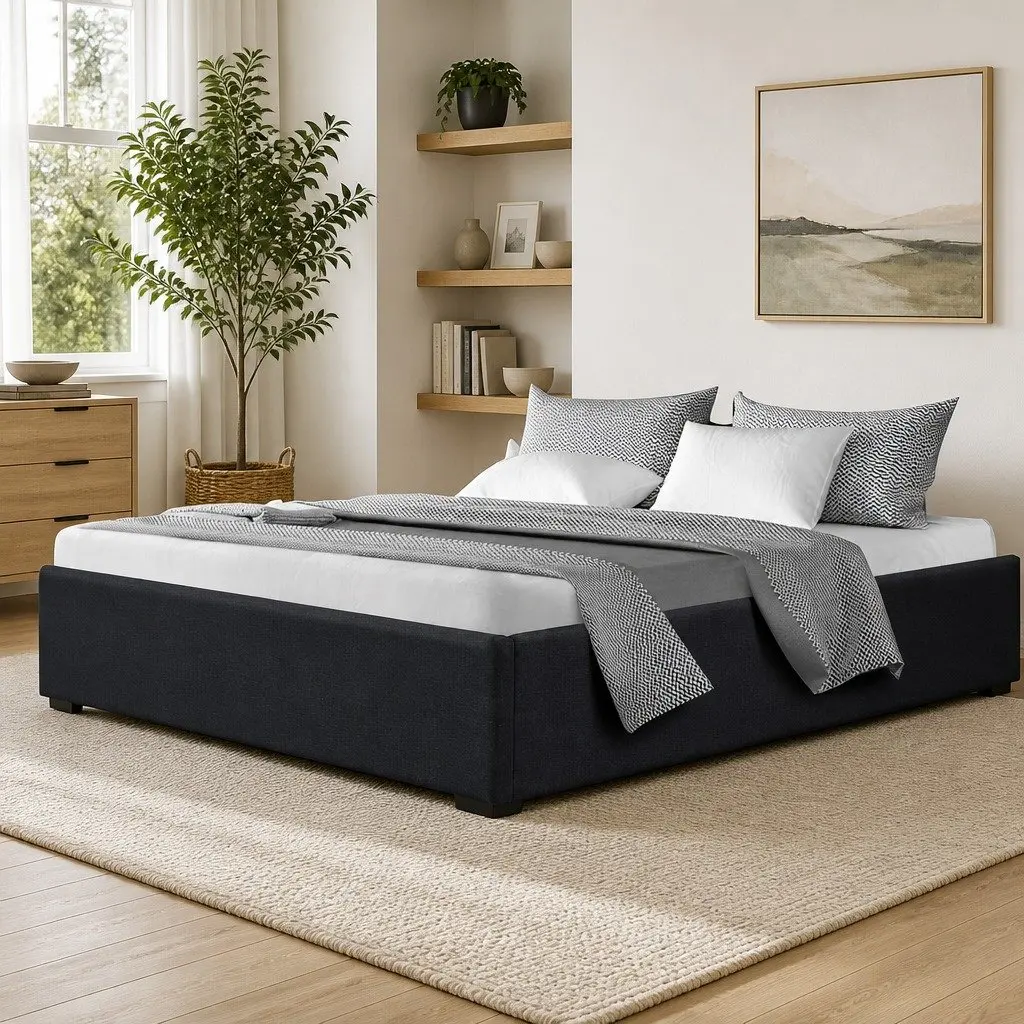 Gas Lift Bed Frame Queen Size Storage Base Wooden Slats Charcoal Upholstered