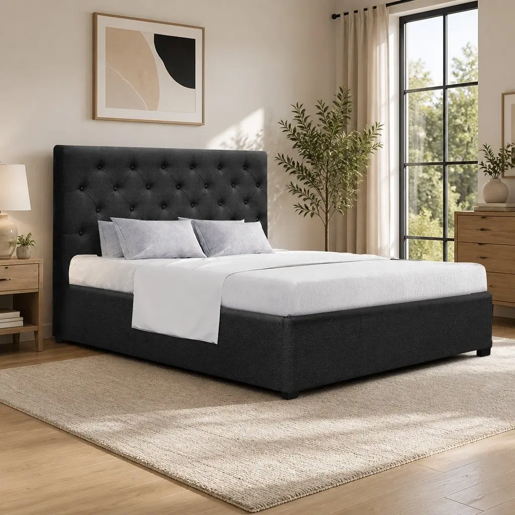 Double Gas Lift Bed Frame Storage 202cm x 144cm Charcoal Tufted Headboard Wooden