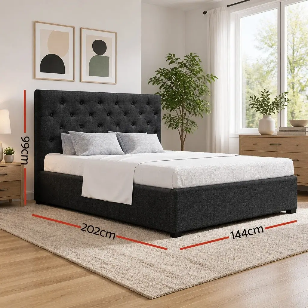 Double Gas Lift Bed Frame Storage 202cm x 144cm Charcoal Tufted Headboard Wooden