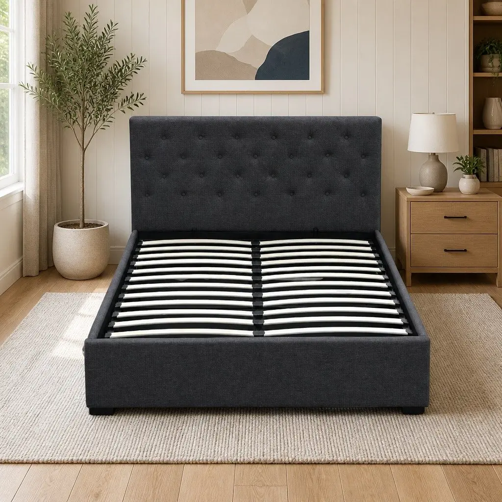 Double Gas Lift Bed Frame Storage 202cm x 144cm Charcoal Tufted Headboard Wooden