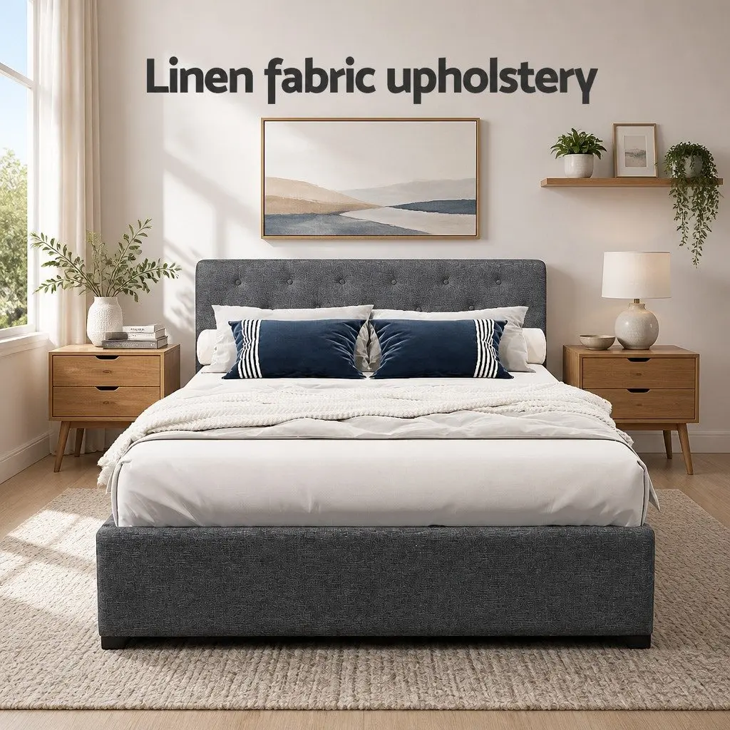 Double Gas Lift Bed Frame Storage 202cm x 144cm Charcoal Tufted Headboard Wooden