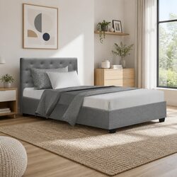 King Single Bed Frame Gas Lift Storage Grey Tufted Headboard Wooden Slat Base