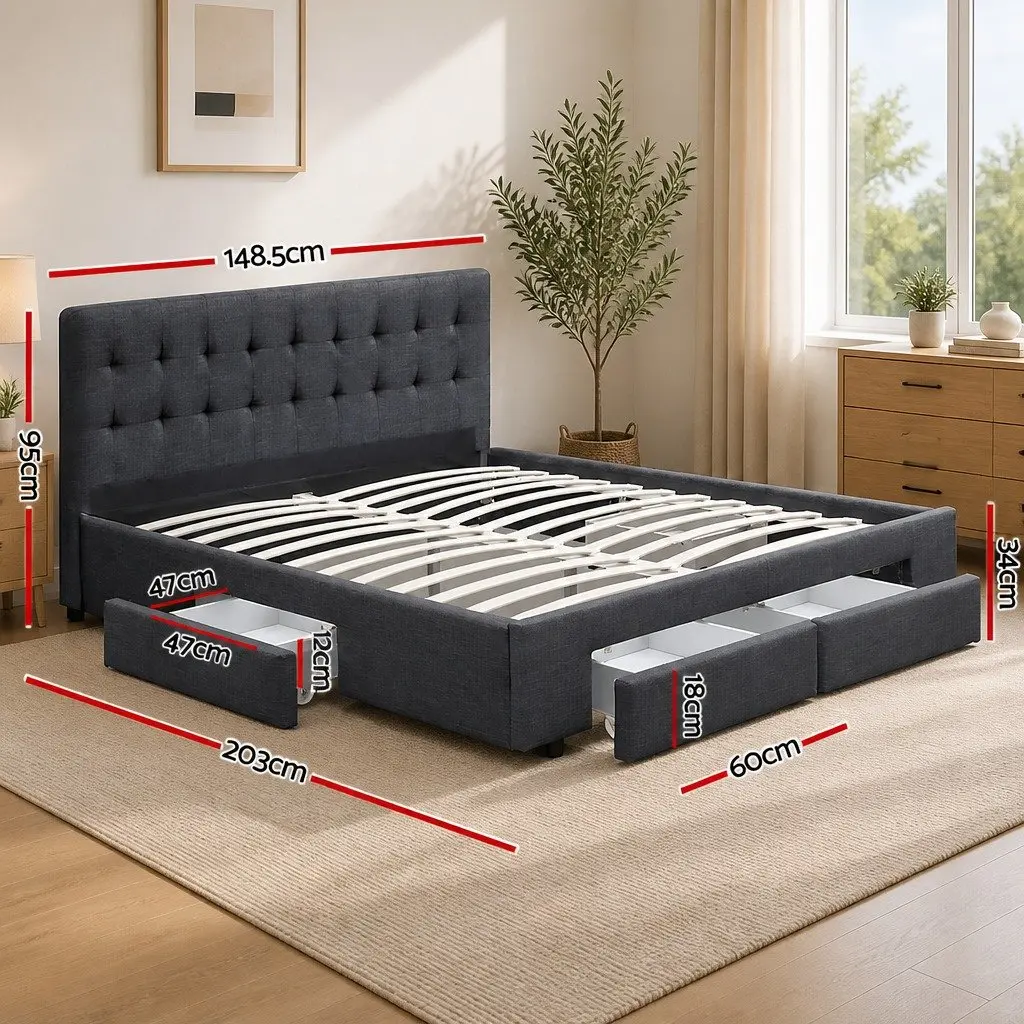 Double Bed Frame with Storage Drawers 4 Drawers Grey Upholstered Headboard