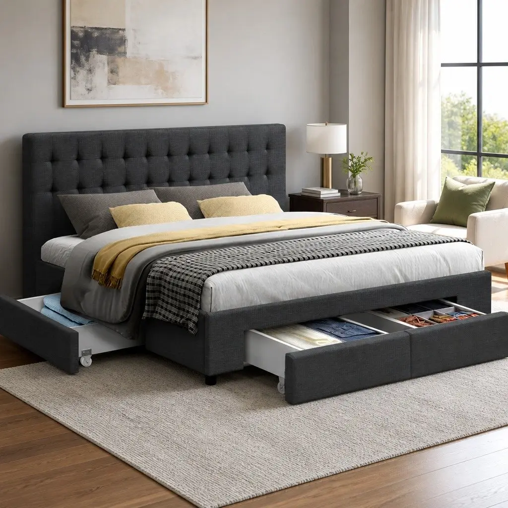 King Size Bed Frame with Storage Drawers Included
