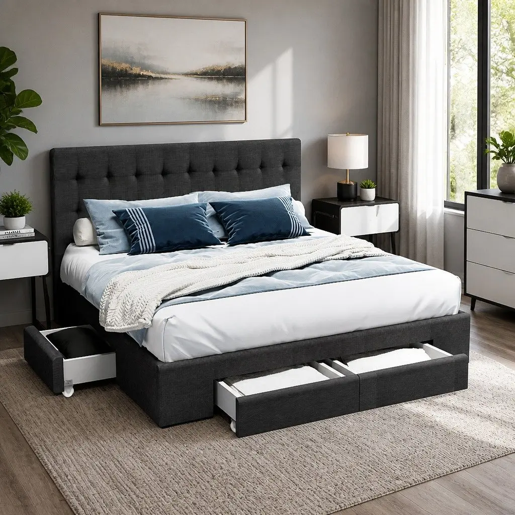 Queen Size Bed Frame with 4 Storage Drawers Charcoal Upholstered Tufted