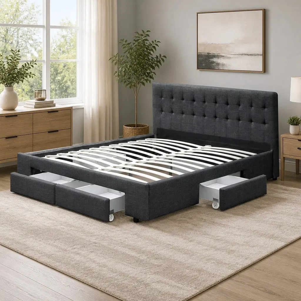 Queen Size Bed Frame with 4 Storage Drawers Charcoal Upholstered Tufted
