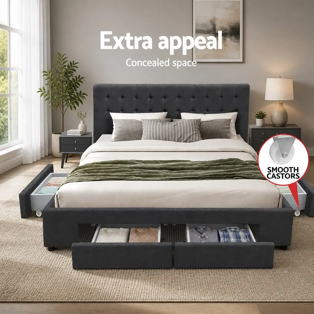 Queen Size Bed Frame with 4 Storage Drawers Charcoal Upholstered Tufted