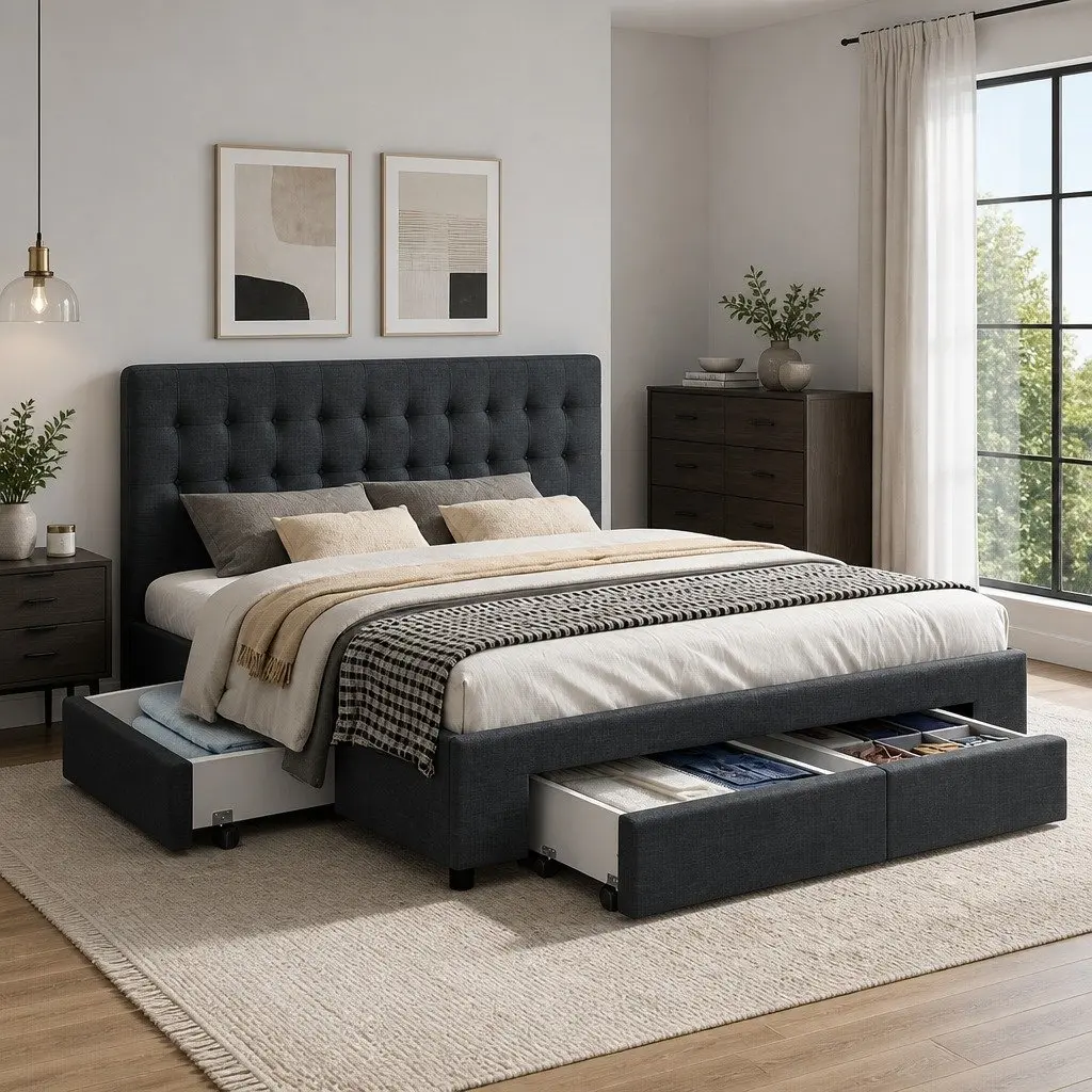 Queen Size Bed Frame with 4 Storage Drawers Charcoal Upholstered Tufted