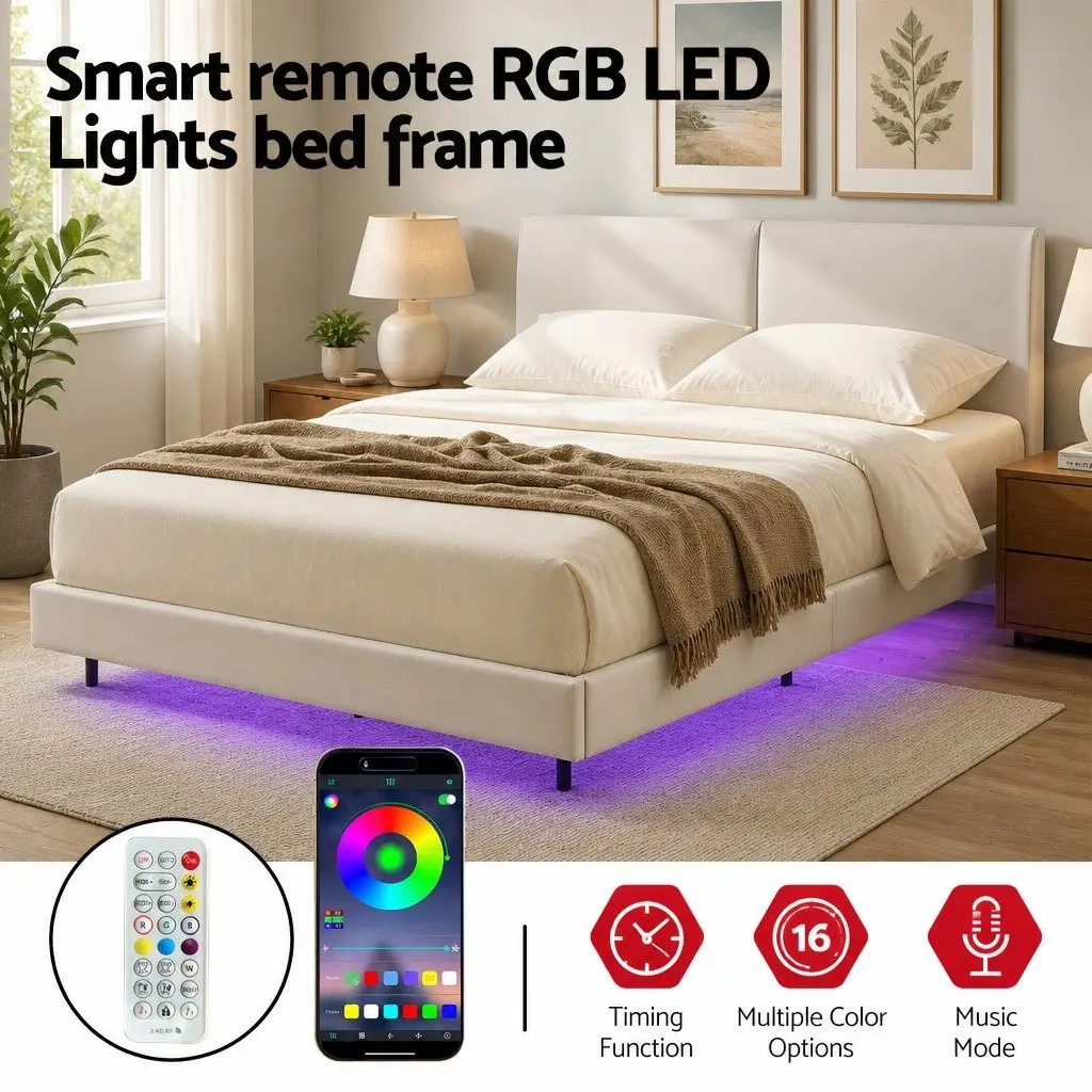Double Bed Frame with RGB LED Lights Adjustable Headboard Floating Design White