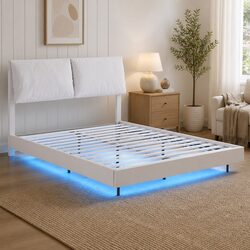 Queen Bed Frame with RGB LED Lights Adjustable Padded Headboard Floating Design