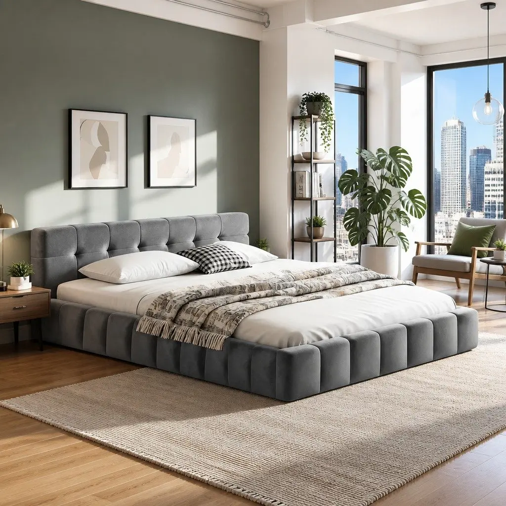 Double Bed Frame Modern Platform Base Plush Velvet Headboard Grey 151cm x 204cm x 60cm