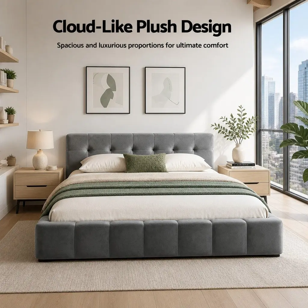 Double Bed Frame Modern Platform Base Plush Velvet Headboard Grey 151cm x 204cm x 60cm