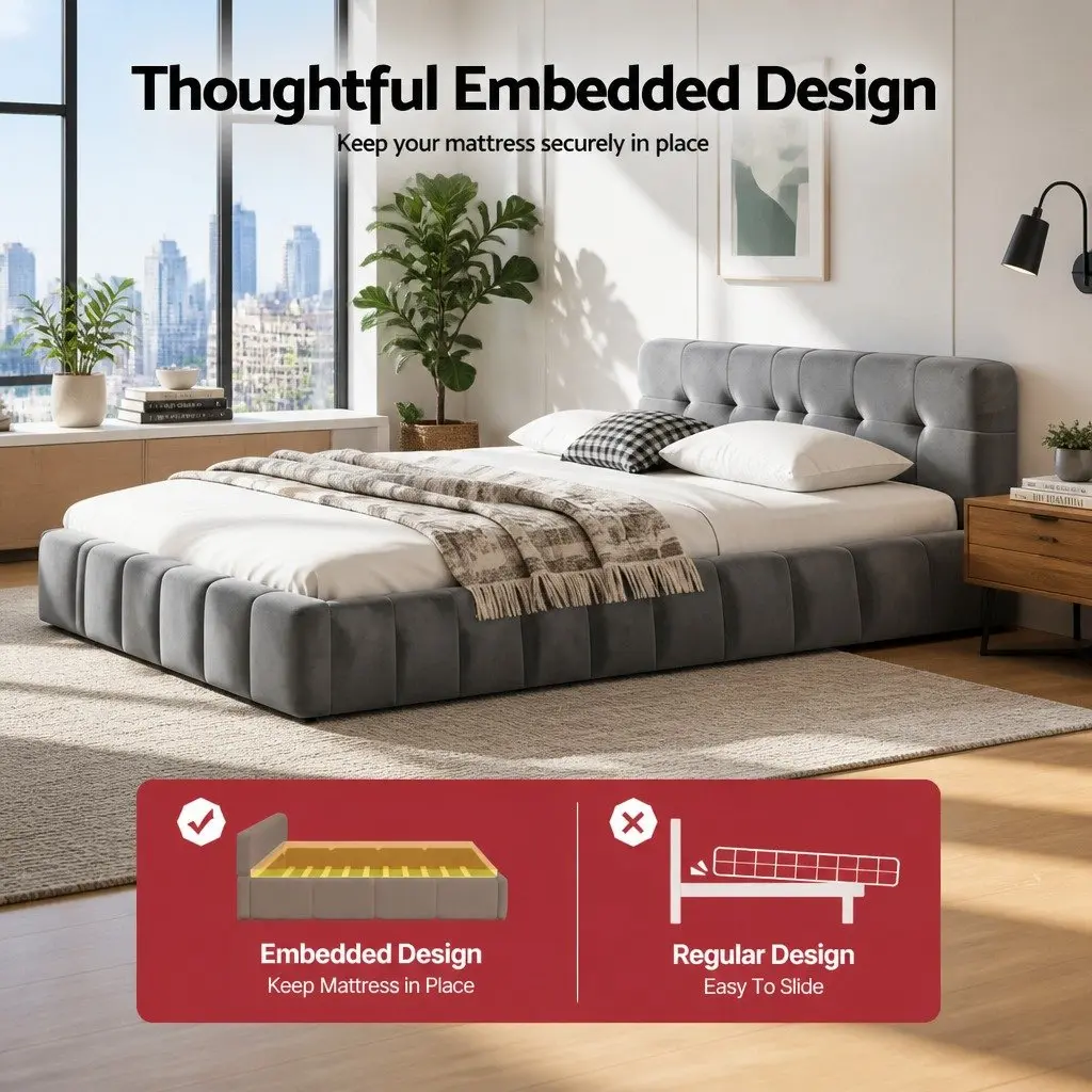 Double Bed Frame Modern Platform Base Plush Velvet Headboard Grey 151cm x 204cm x 60cm