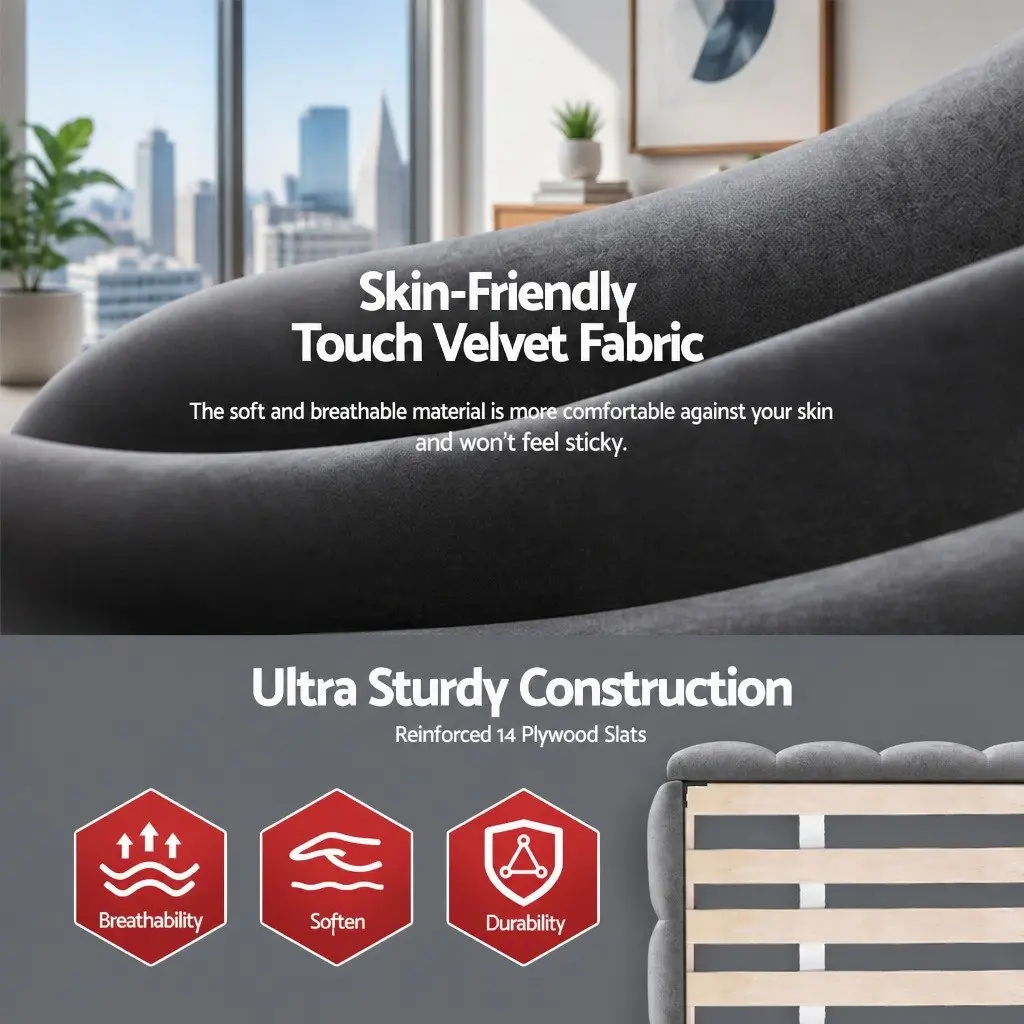 Double Bed Frame Modern Platform Base Plush Velvet Headboard Grey 151cm x 204cm x 60cm