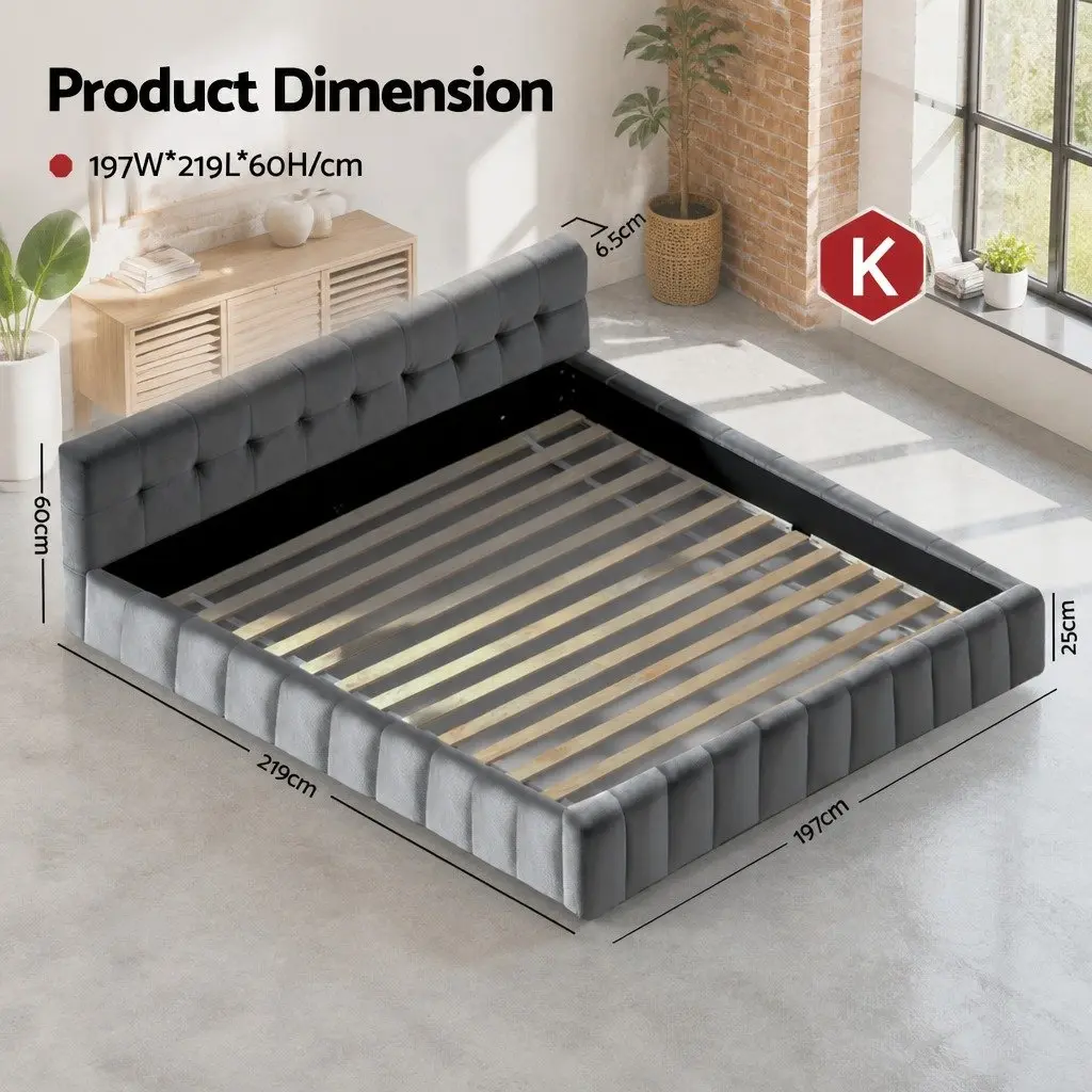 King Size Bed Frame Modern Platform Base Plush Velvet Headboard Grey