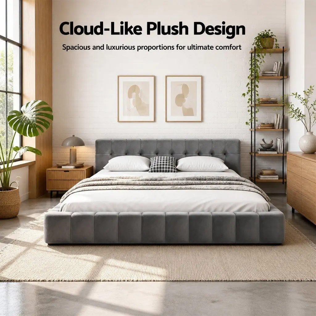 King Size Bed Frame Modern Platform Base Plush Velvet Headboard Grey